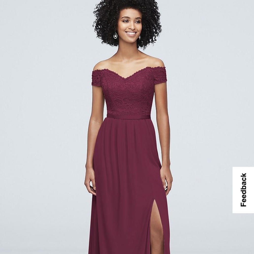Off-the-Shoulder Wine Color David’s Bridal Bridesmaid Dress